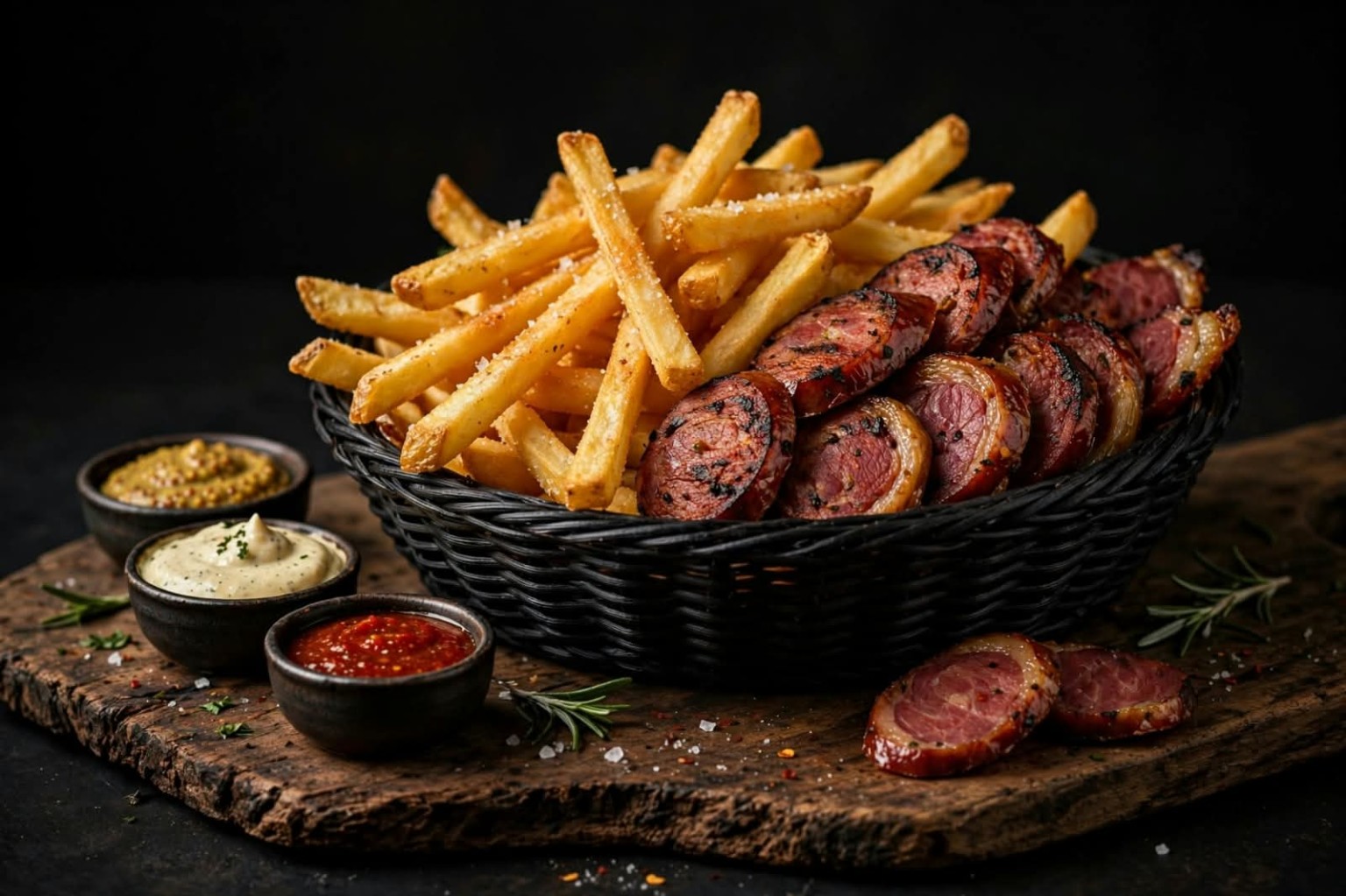 Porção de batata frita ou calabresa com pão francês